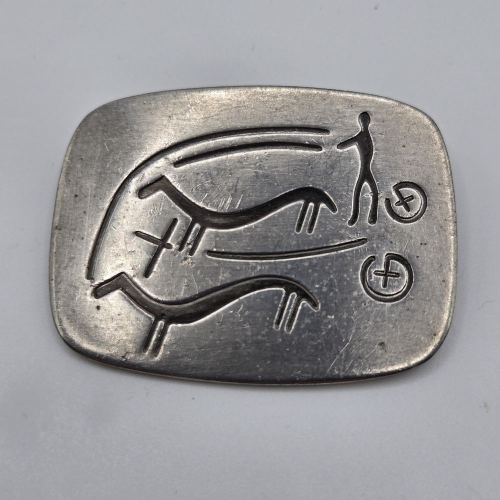 Signed Jorgen Jensen Denmark Primitive Pewter Brooch Pin Farmer Horses MCM